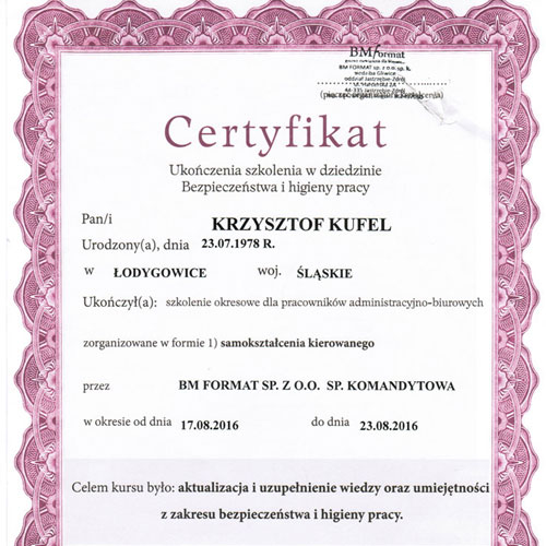 Certyfikat- certyfikat BHP 2016- Kliknij, aby powiększyć