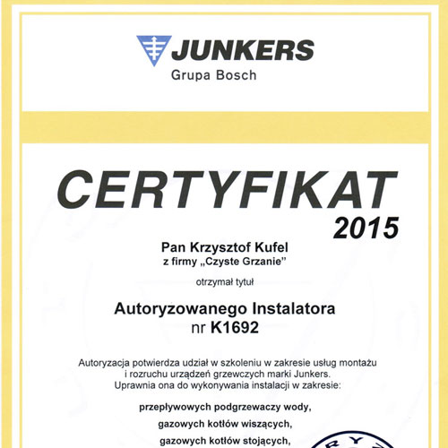 Certyfikat- autoryzowany instalator Junkers- Kliknij, aby powiększyć
