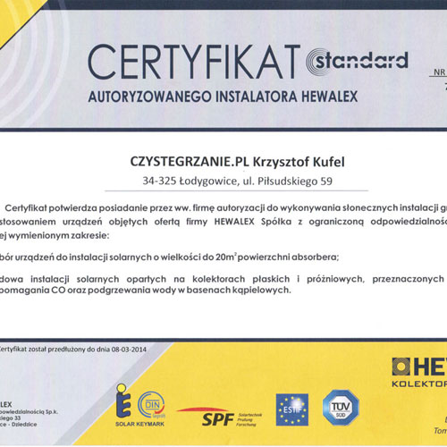 Certyfikat- instalacje grzewczych Hewalex- Kliknij, aby powiększyć