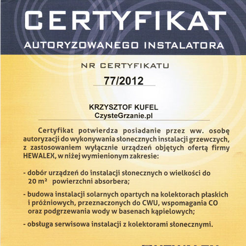 Certyfikat- kolektory słoneczne Hewalex- Kliknij, aby powiększyć