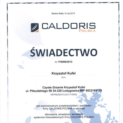 Certyfikat- montaż instalacji fotowoltanicznych Coldoris- Kliknij, aby powiększyć