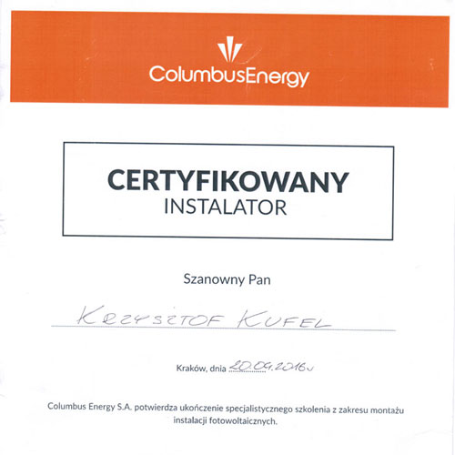 Certyfikat- montaż instalacji fotowoltanicznych Columbus- Kliknij, aby powiększyć