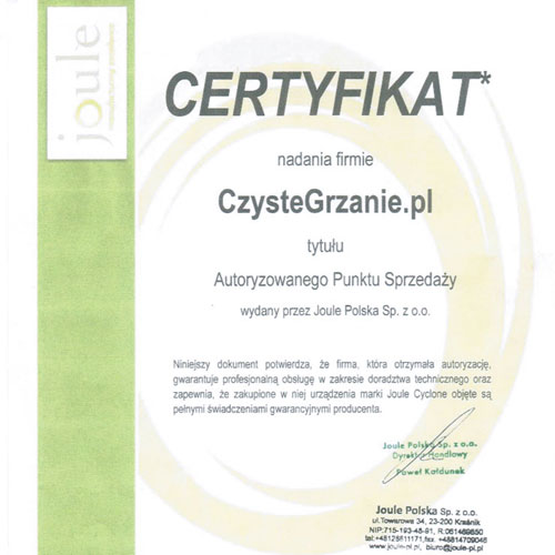 Certyfikat- autoryzowany punkt sprzedaży Joule- Kliknij, aby powiększyć