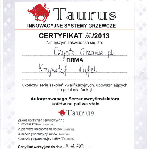 Certyfikat- autoryzowany sprzedawca Taurus- Kliknij, aby powiększyć